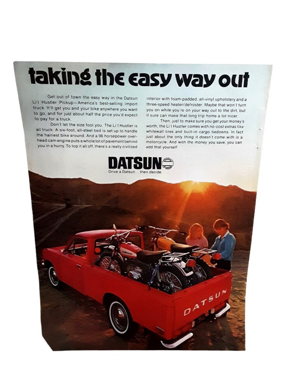 1971 Datsun Lil Hustler Pickup Kawasaki Motorcycles Vintage Ad